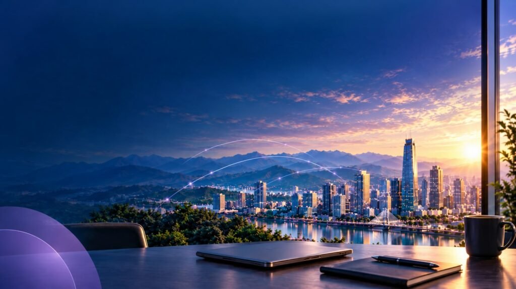 Ciudad latinoamericana al atardecer vista desde un escritorio de trabajo: sostenibilidad empresarial como estrategia de crecimiento