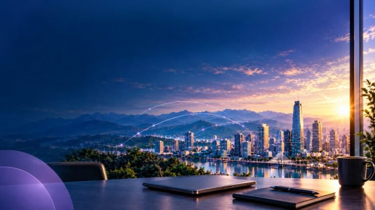Ciudad latinoamericana al atardecer vista desde un escritorio de trabajo: sostenibilidad empresarial como estrategia de crecimiento